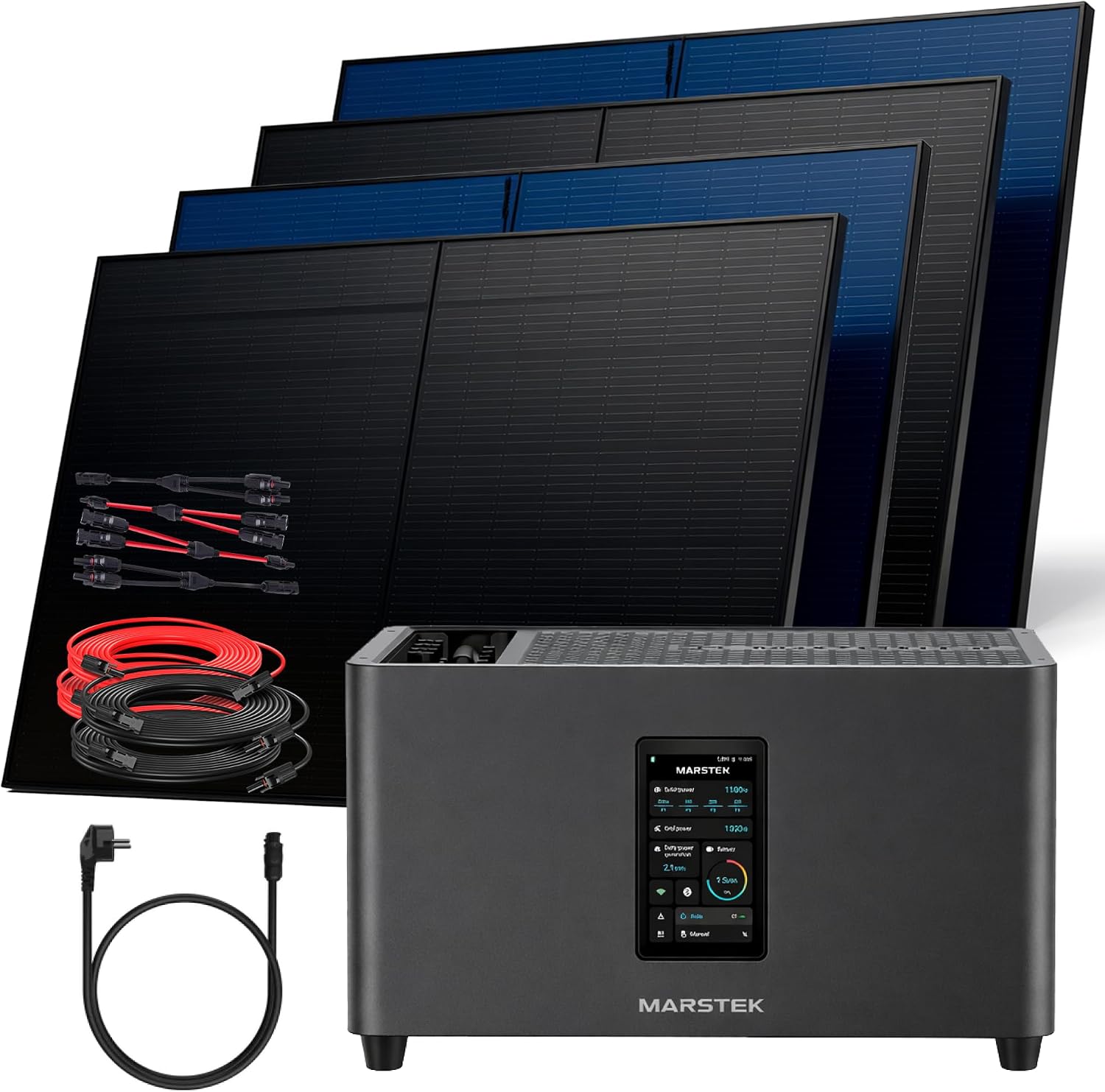 SUNNIVA® 2000W Balkonkraftwerk mit 2,56 kWh Speicher MARSTEK Jupiter C + Plus, BIFAZIAL FULLBLACK komplett Steckdose, PV Solaranlage Komplettset mit Solarspeicher, 4x 500W N-Type Glas Bifacial
