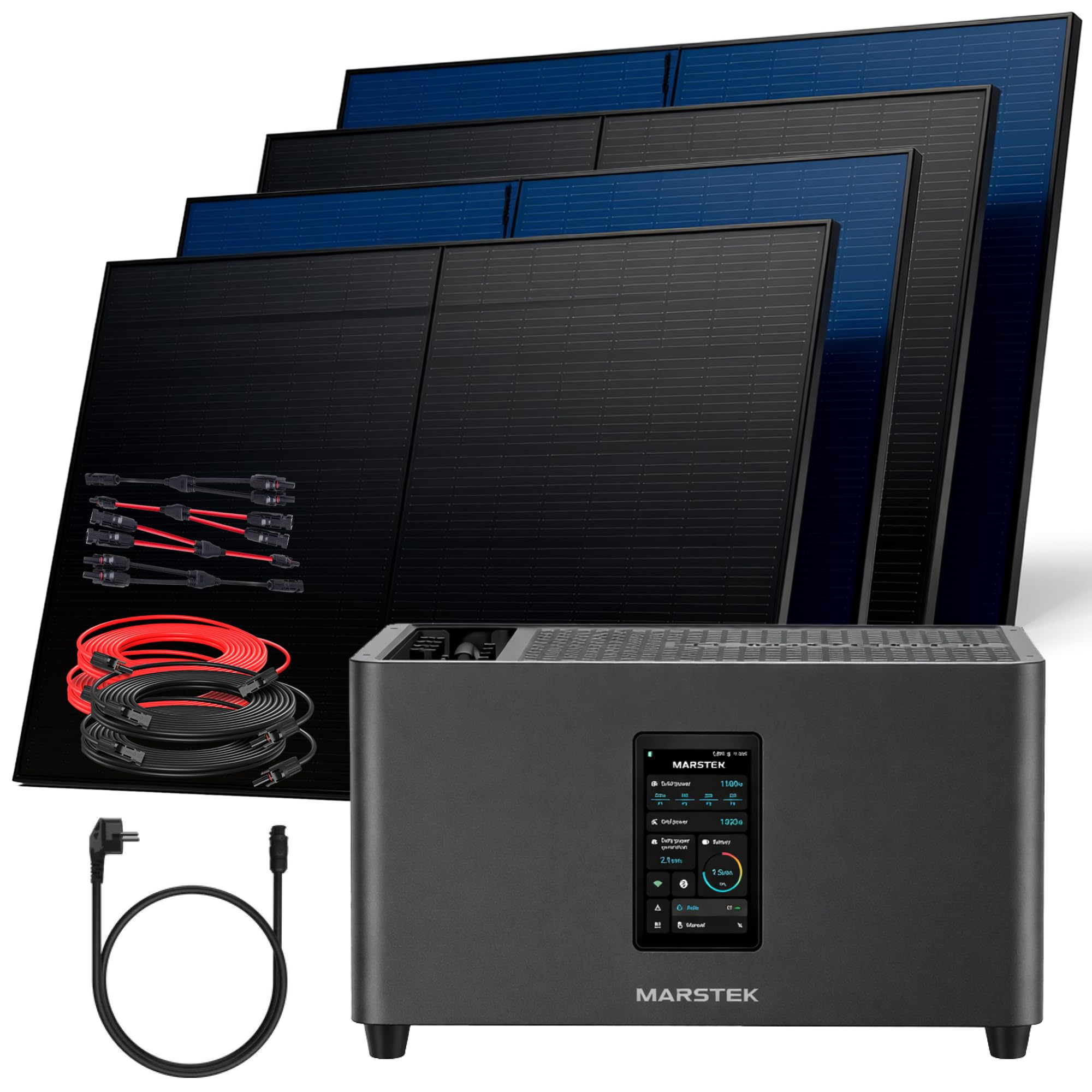 SUNNIVA® 2000W Balkonkraftwerk mit 2,56 kWh Speicher MARSTEK Jupiter C + Plus, BIFAZIAL FULLBLACK komplett Steckdose, PV Solaranlage Komplettset mit Solarspeicher, 4x 500W N-Type Glas Bifacial