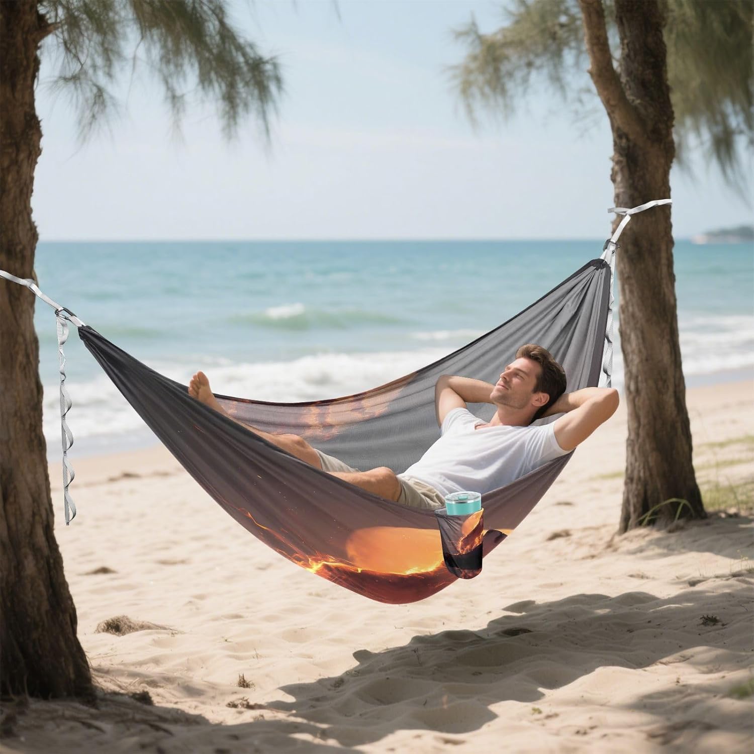 ALAZA Wolf Howling Moon Camping Hammocks Single or 2 Person 500 lbs Portable Parachute Travel Hammock w/Tree Straps for Hiking Backpacking Indoor Outdoor