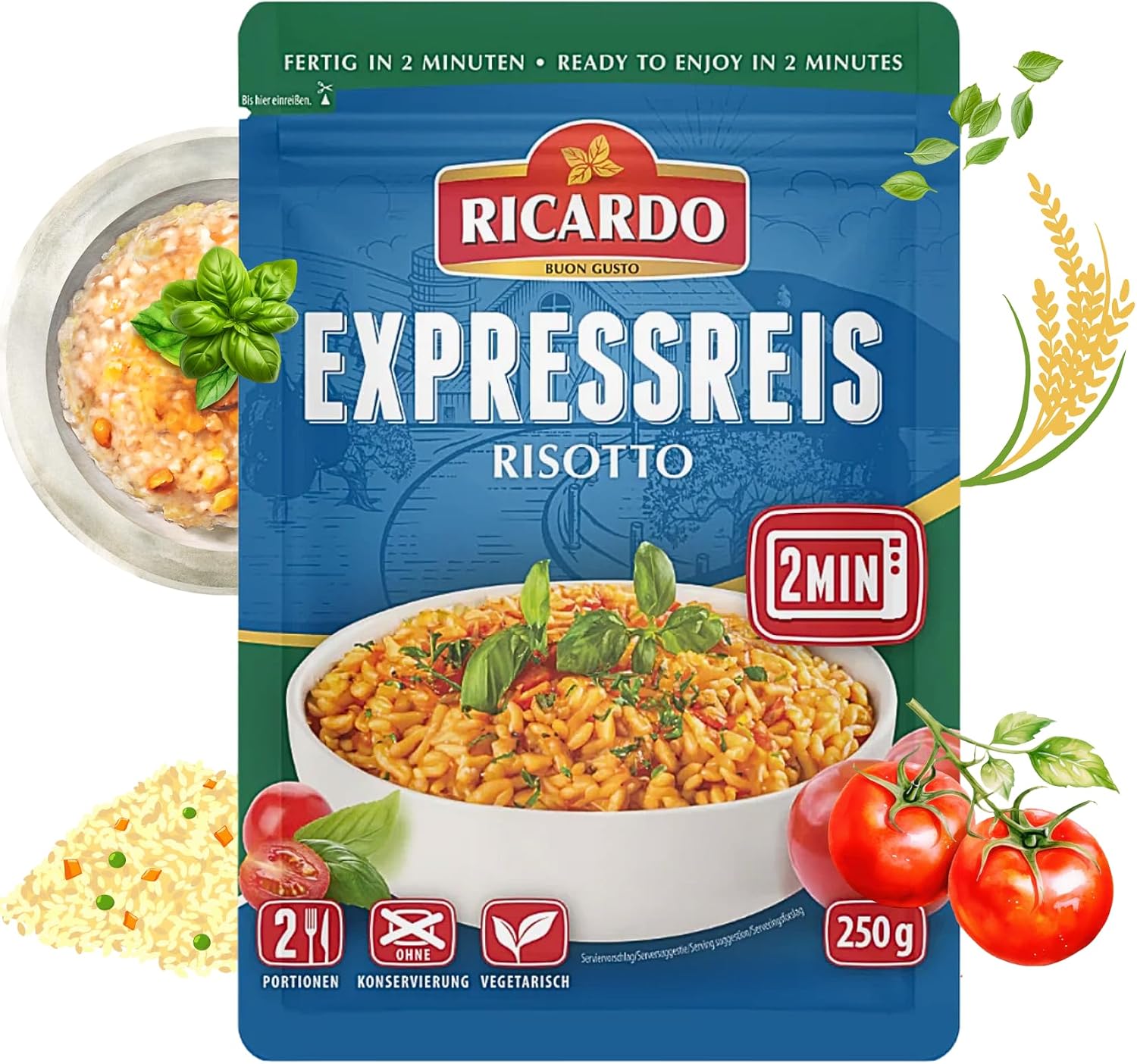 RICARDO Express Risotto 8 x 250 g przygotowanie ryżu gotowe dania w kuchence mikrofalowej/patelni, szybkie i łatwe przygotowanie