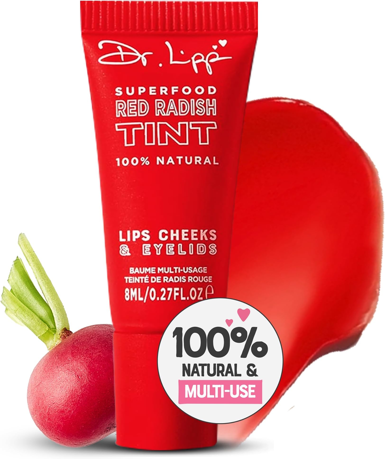 Dr. Lipp Superfood Lip Tint Roter Rettich 8ml - 4-in-1 ultra feuchtigkeitsspendender getönter Lippenbalsam, Lipgloss, Rouge & glänzender Lidschatten - 100% natürliches Lanolin & frei von Duftstoffen