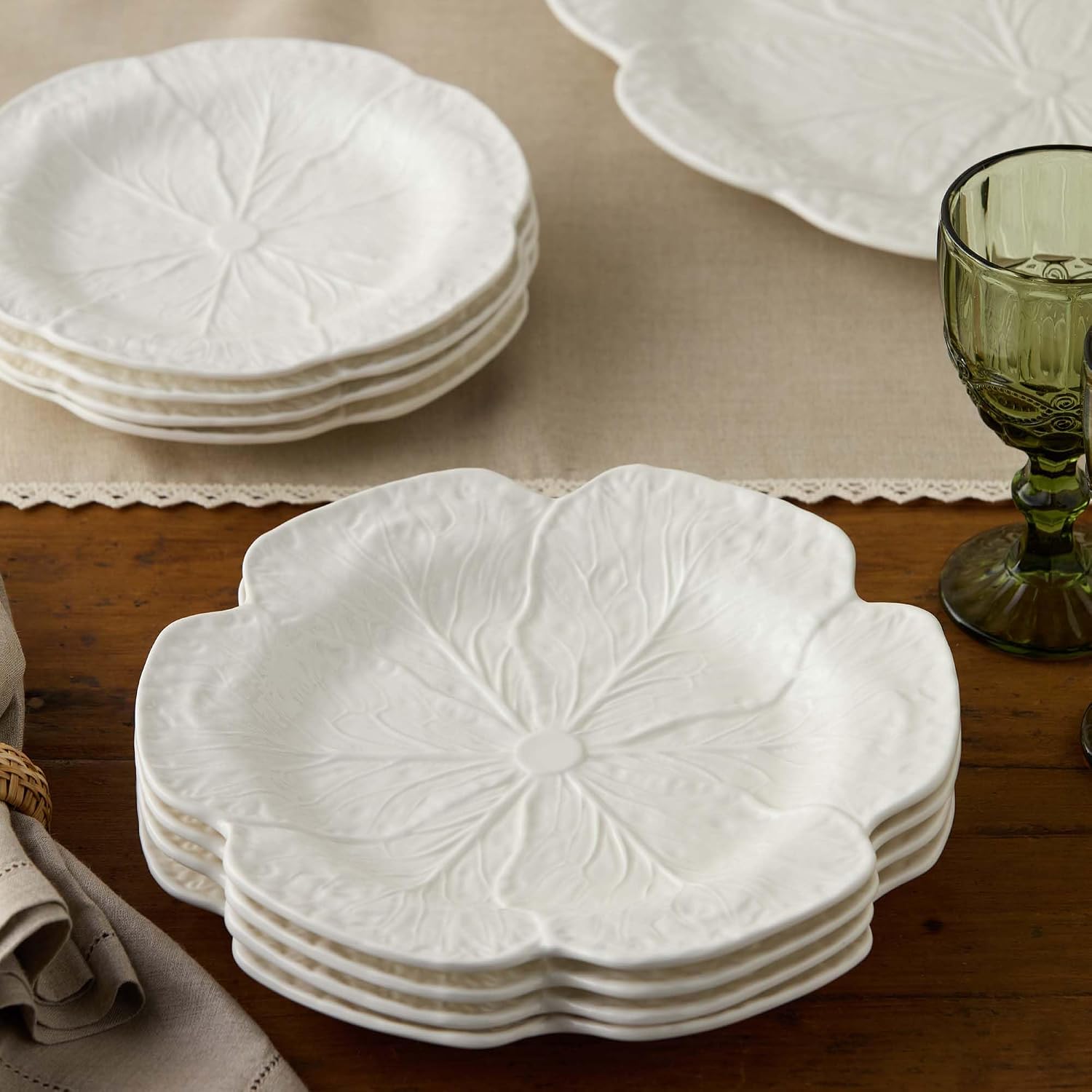 White Cabbage 3-D 11"DINNER PLATES, SETOF 4 – Sculpted Ivory Stoneware Leaf Plates – Heirloom Garden-Inspired Tableware for Everyday & Seasonal Dining and Entertaining