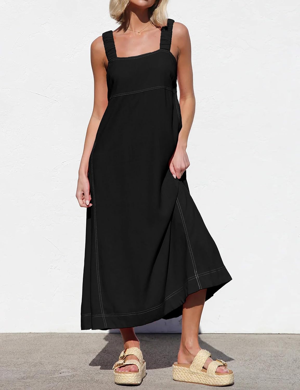 LTSCNRM Women's Summer Casual Midi Dress Square Neck Elastic Spaghetti Strap Sleeveless A-Line Beach Dresses