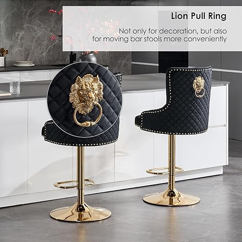 Miniatura 5 de Juego de 2 taburetes de bar de terciopelo dorado, taburetes de bar modernos de altura de mostrador con respaldo capitoné y tirador de anilla de