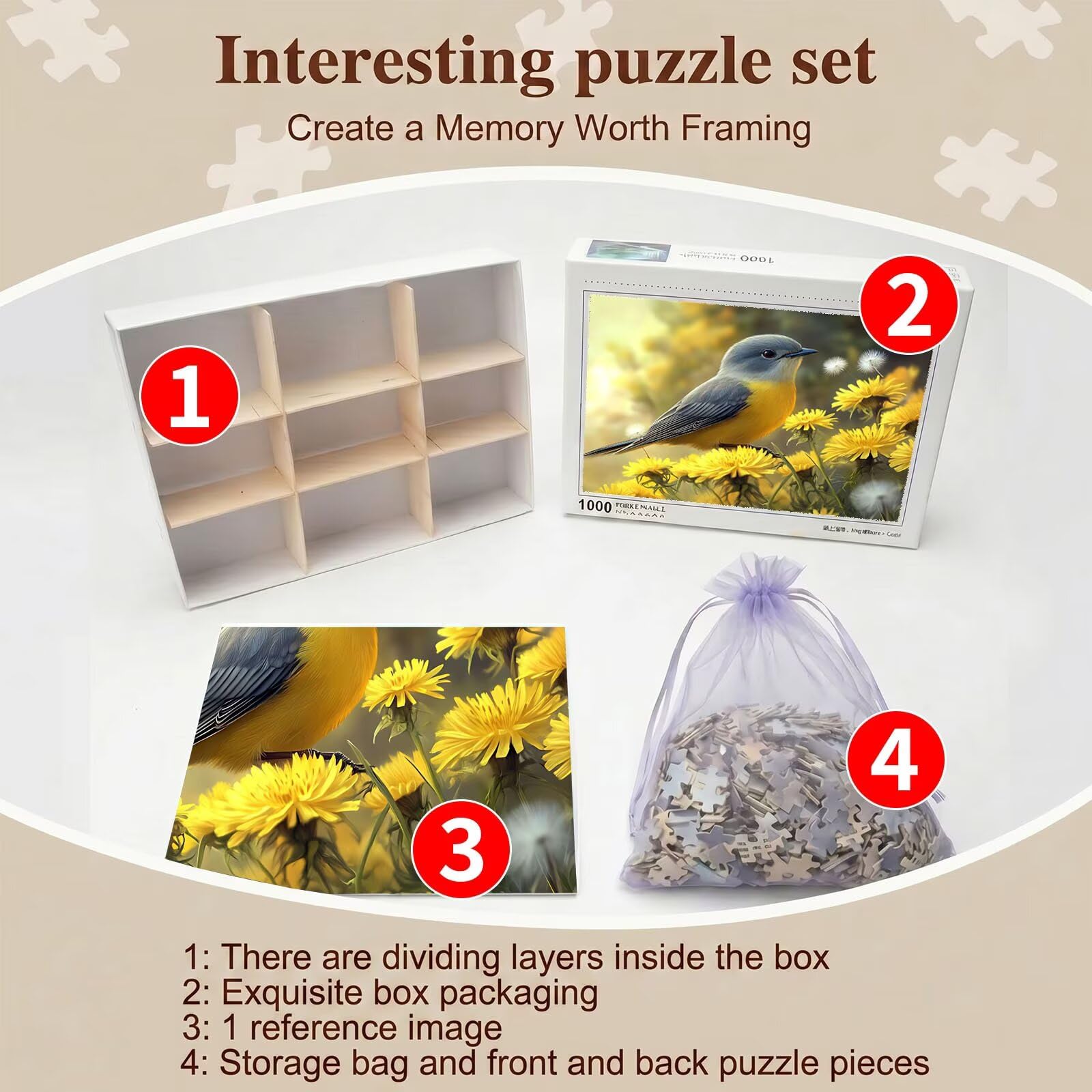 Bird Flower Puzzle 1000 Pieces, Drewniany Rodzinny Gra Planszowa - Puzzle dla Dorosłych Dla Całej Rodziny, Puzzle Edukacyjne DIY i Antystresowe - z mapą referencyjną, 75 x 50 cm F0-803
