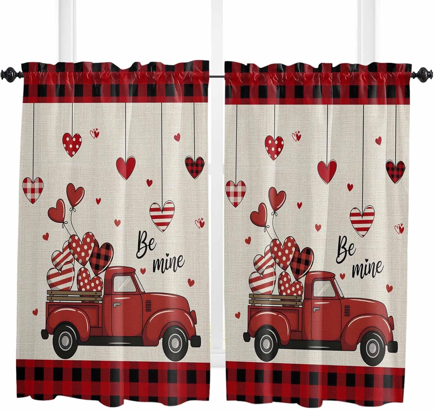 Curtain Tier and Valance Set of 2 - Valentine's Day Love Truck Red Valances Curtains for Living Room Bathroom Bedroom - Semi Sheer Rod Pocket Window Curtains Light Filtering Kitchen Valance 27.5"x45"