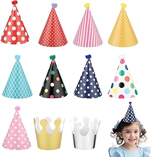 Thinp 11 Pcs Adorable Party Hats Set - 9 Cone Hats with Pom Poms & 2 Paper Crowns for Pet Birthday Party Decor
