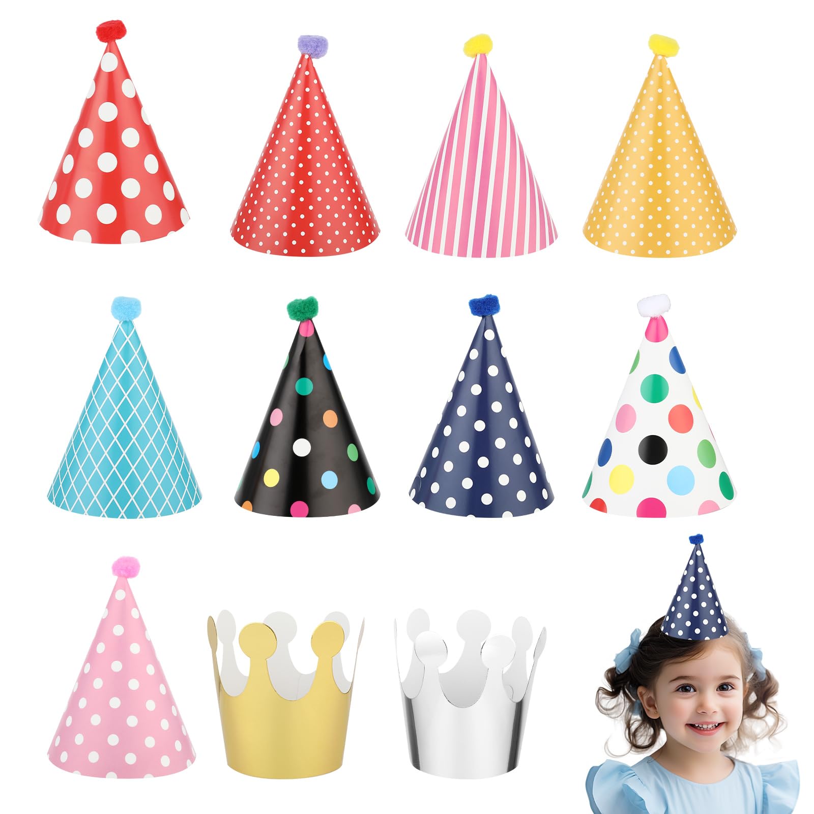 Thinp 11 Pcs Adorable Party Hats Set - 9 Cone Hats with Pom Poms & 2 Paper Crowns for Pet Birthday Party Decor