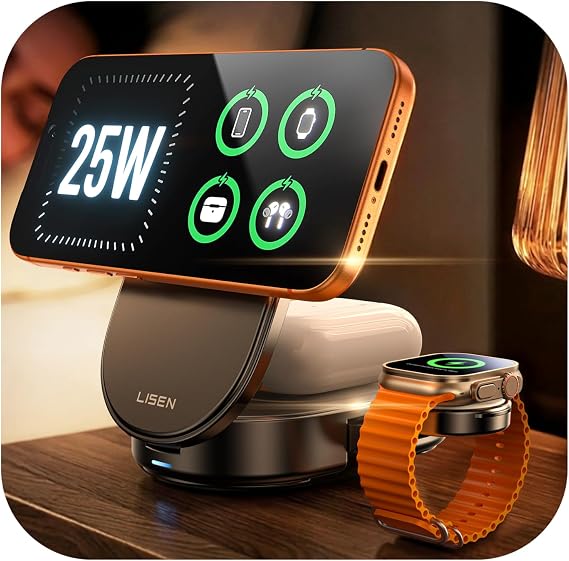 LISEN [Ultra-Fast 25W] 3-in-1 Charging Station for Apple, Qi2.2 25W Foldable Wireless MagSafe Charger Stand for iPhone 1716151413 Pro Max, Apple Watch&AirPods, Travel Portable with 45W Adapter
