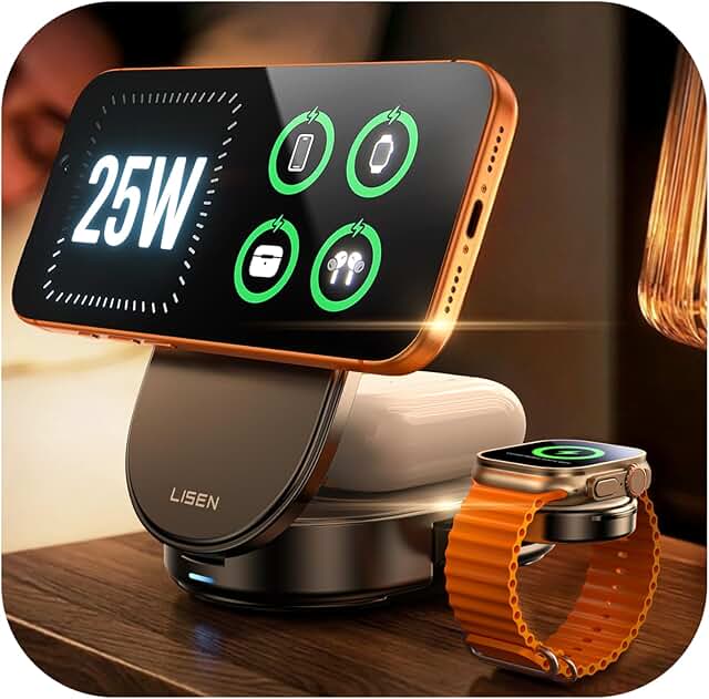 LISEN [Ultra-Fast 25W] 3-in-1 Charging Station for Apple, Qi2.2 25W Fold...
