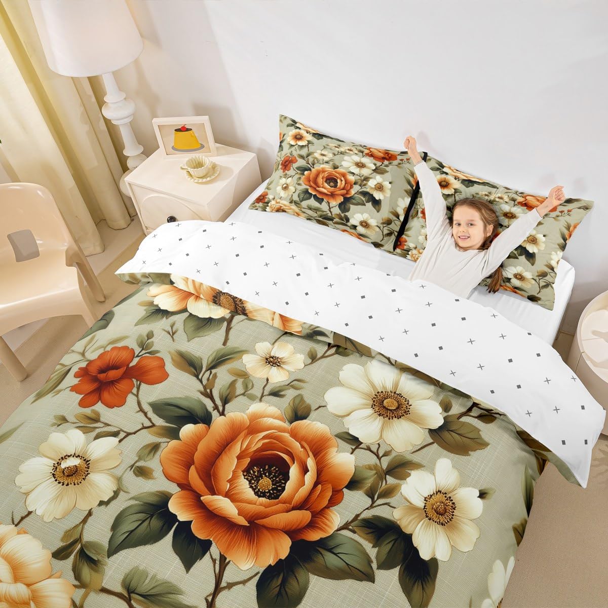 Manfei Simple Hearts Kids Duvet Cover Set Twin Size,Girly Cute Love Heart Trendy Girls Boys Bedding Set,Valentine Cartoon Geometric Room Decor,Green Quilt Cover,1 Pillowcase(No Comforter)