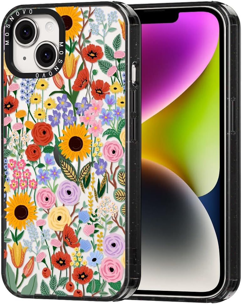 MOSNOVO Case for iPhone 13 / iPhone 14, [10ft 4X Military-Grade Drop Protection] Durable & Shockproof Phone Case Cover Design for iPhone 13 / iPhone 14 - Blossom & Bloom - Clear Black