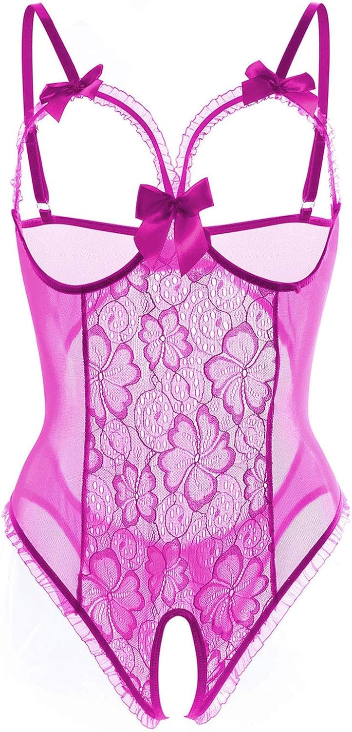ALLureLove Womens Sexy Lingerie Open Cup Crotchless One-Piece Teddy Lace Nightie