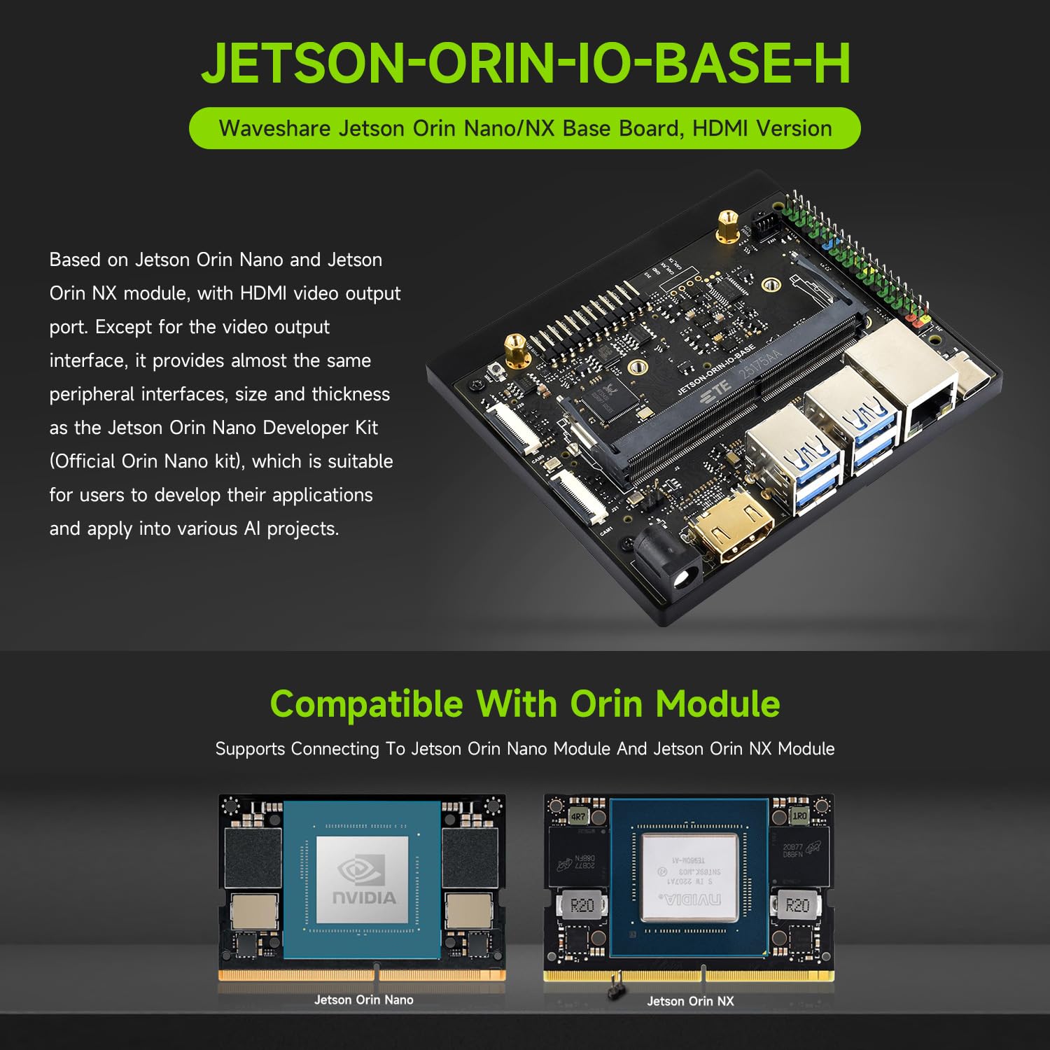 Waveshare Jetson Orin Nano/NX Super Base Board HDMI Version, Based on Jetson Orin Nano/NX AI Module
