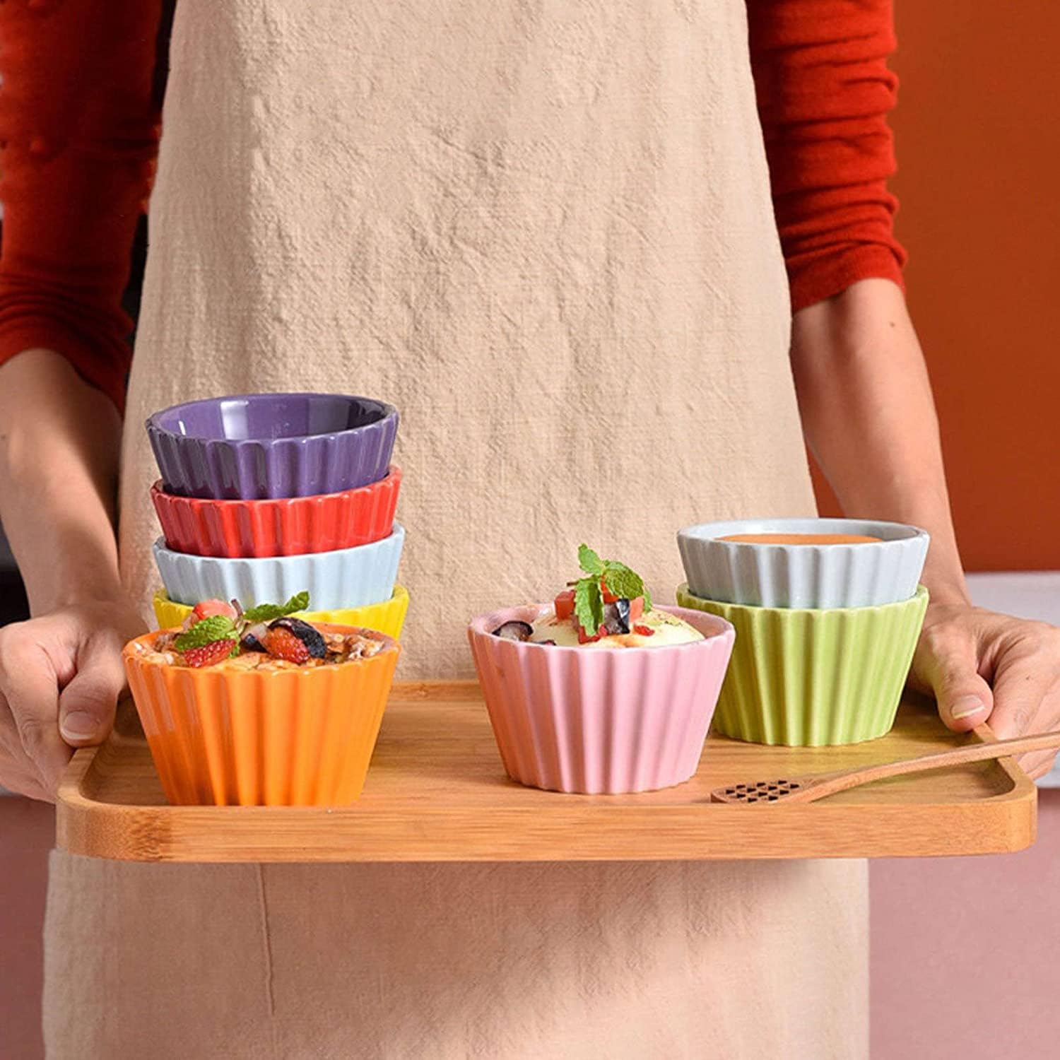 Bol à soupe, bol à riz, bol à déjeuner, ensemble de ramequins, 170 ml, ramequins à crème brûlée, plats à soufflé allant au four, ramequins à soufflé, ramequins for friteuse à air-rouge-lot de 8 ( Colo