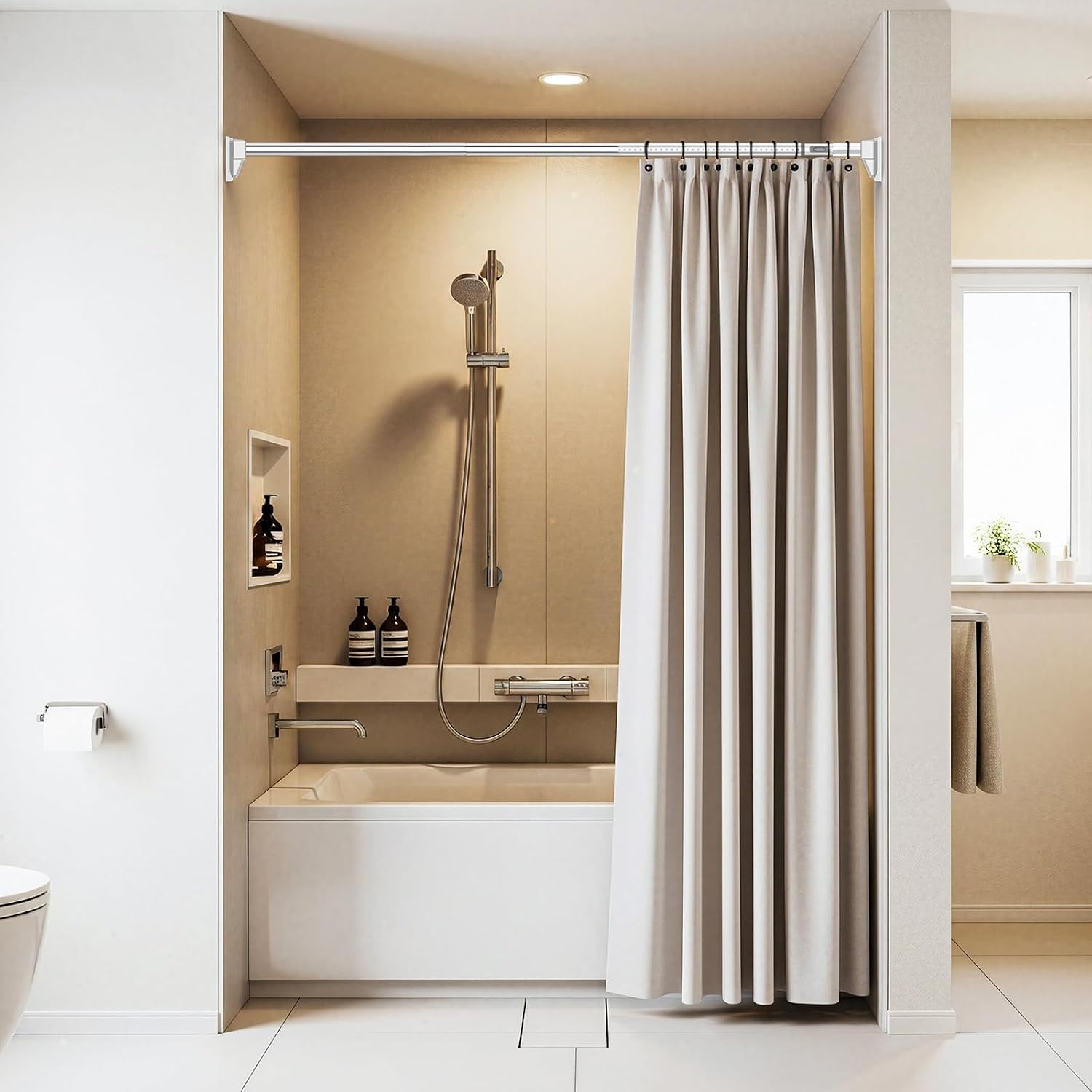 41 to 103 Inch Tension Curtain Rod No Drill Silver Shower Curtain Rod Extra Long Heavy Duty Tension Rod for Windows, Patio, Bathroom - Renter Friendly Adjustable Curtain Rods