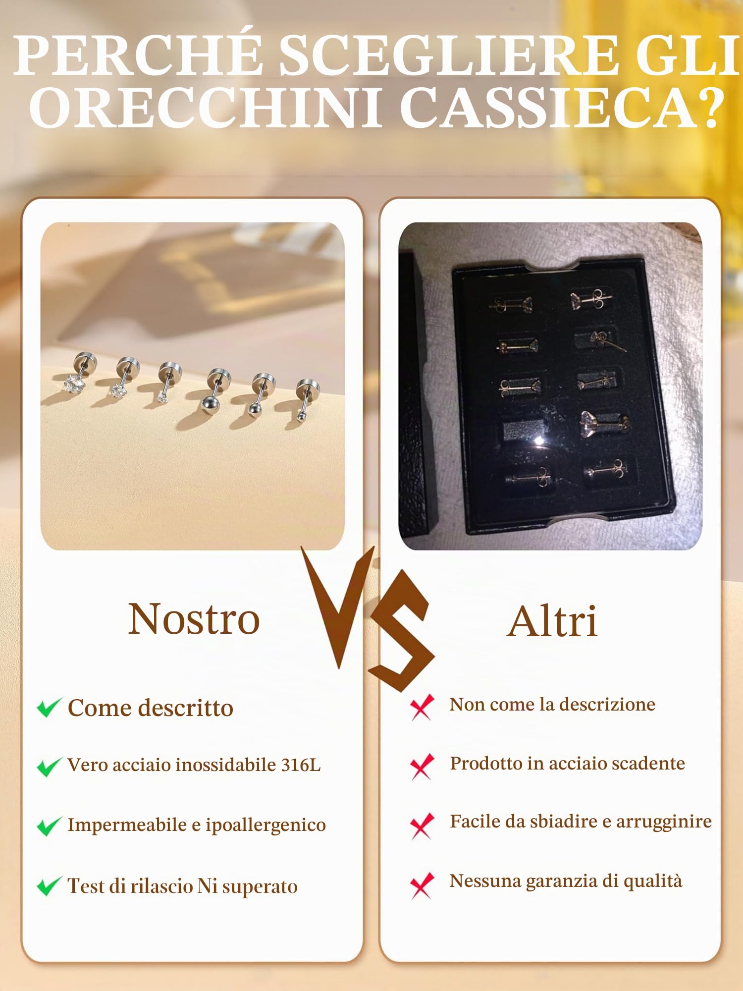 CASSIECA 12Paia Orecchini Acciaio Chirurgico Orecchini Anallergici Donna Uomo Argento Oro Piercing Orecchio Acciaio Chirurgico CZ Cartilagine Piercing