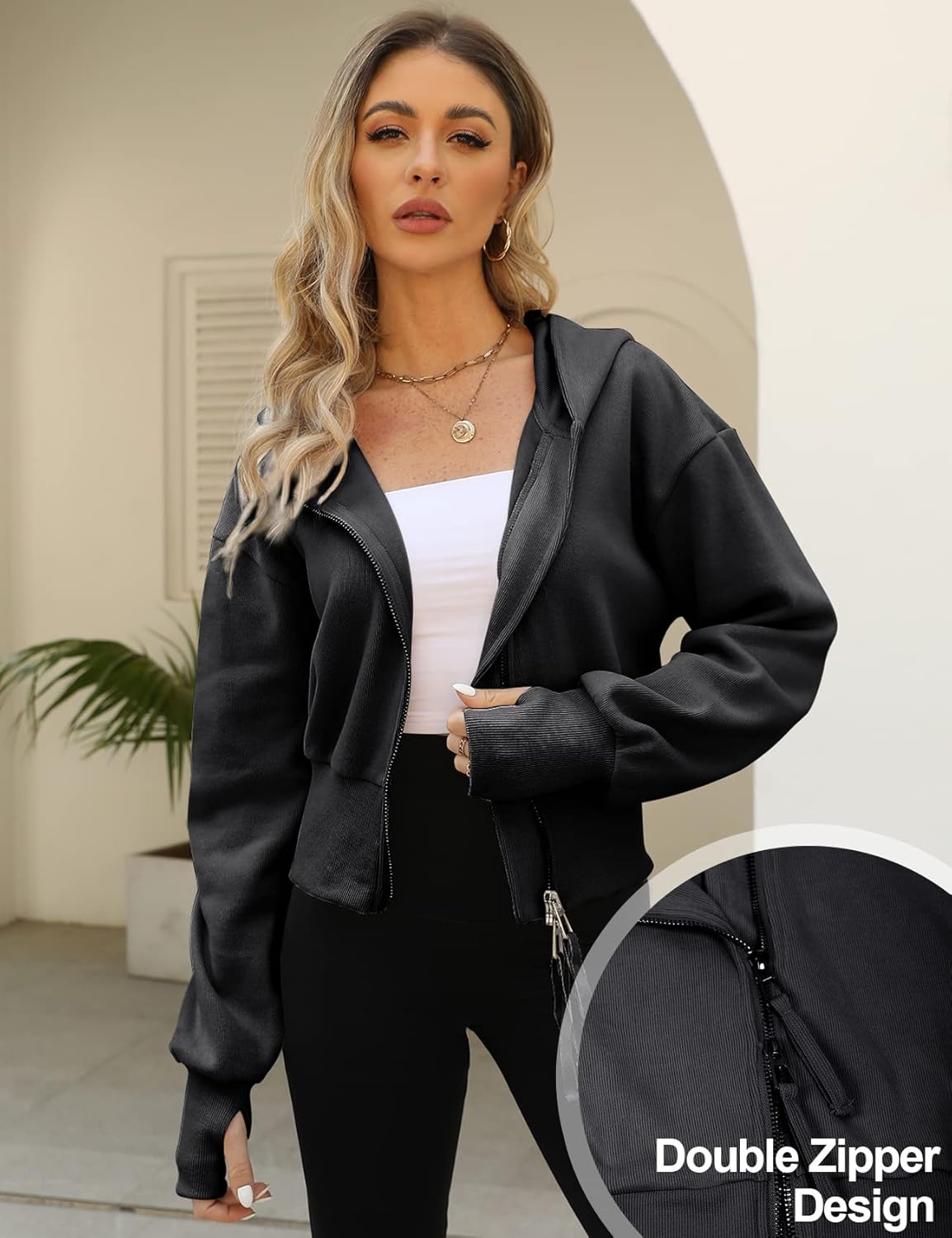 Arssm Cropped Hoodie Women Zip Up Long Sleeve Sweatshirts Casual Fashion Hooded Workout Jacket Crop Top - Image 4