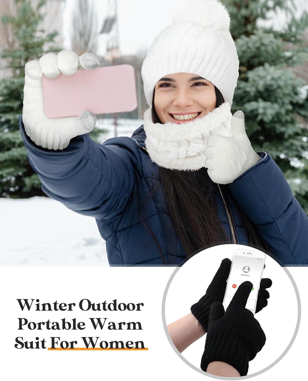 Eurzom 6 Pcs Women Winter Beanie Hat Scarf Touchscreen Gloves Set Knitted Fleece Pom Beanie Hat for Winter - Image 5