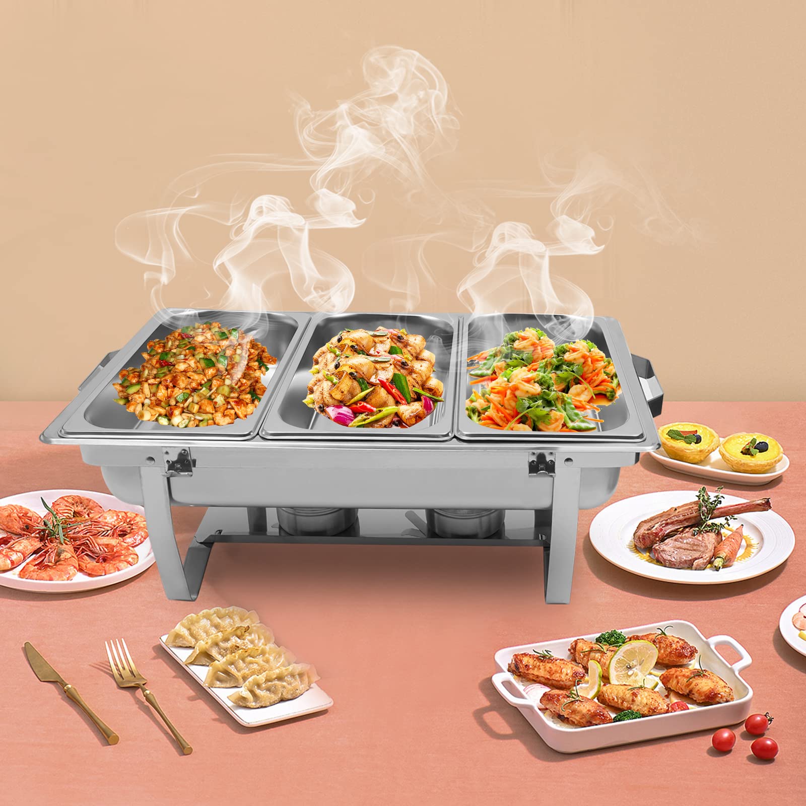 Set da 8 litri, 3 scomparti, in acciaio inox, con coperchio, per il calore, per il buffet, per hotel, brunch catering events
