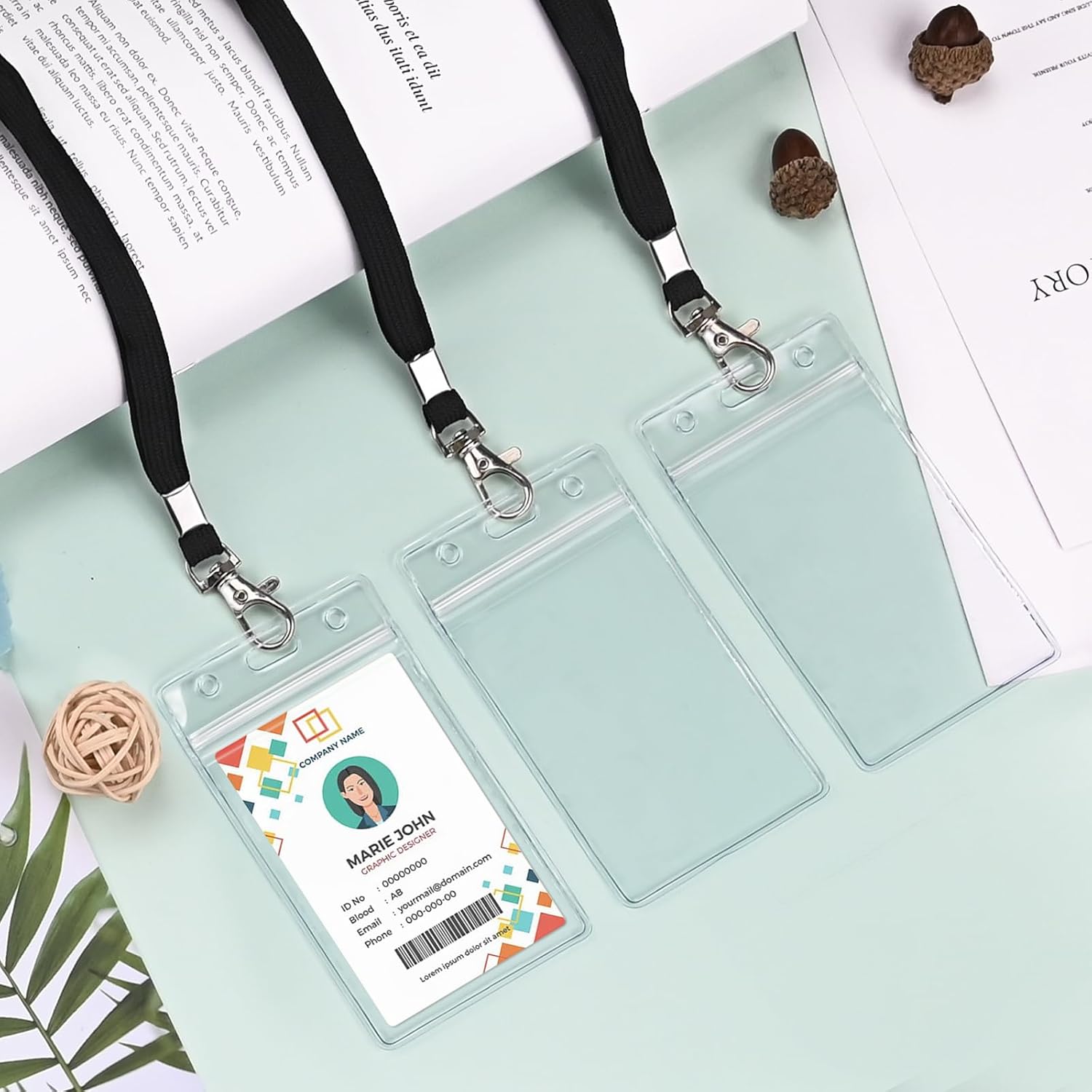 Koorito 3 Pack Clear ID Badge Holder with Lanyard Black Lanyards with Vertical Waterproof ID Badge Holder for Office, School, Travel