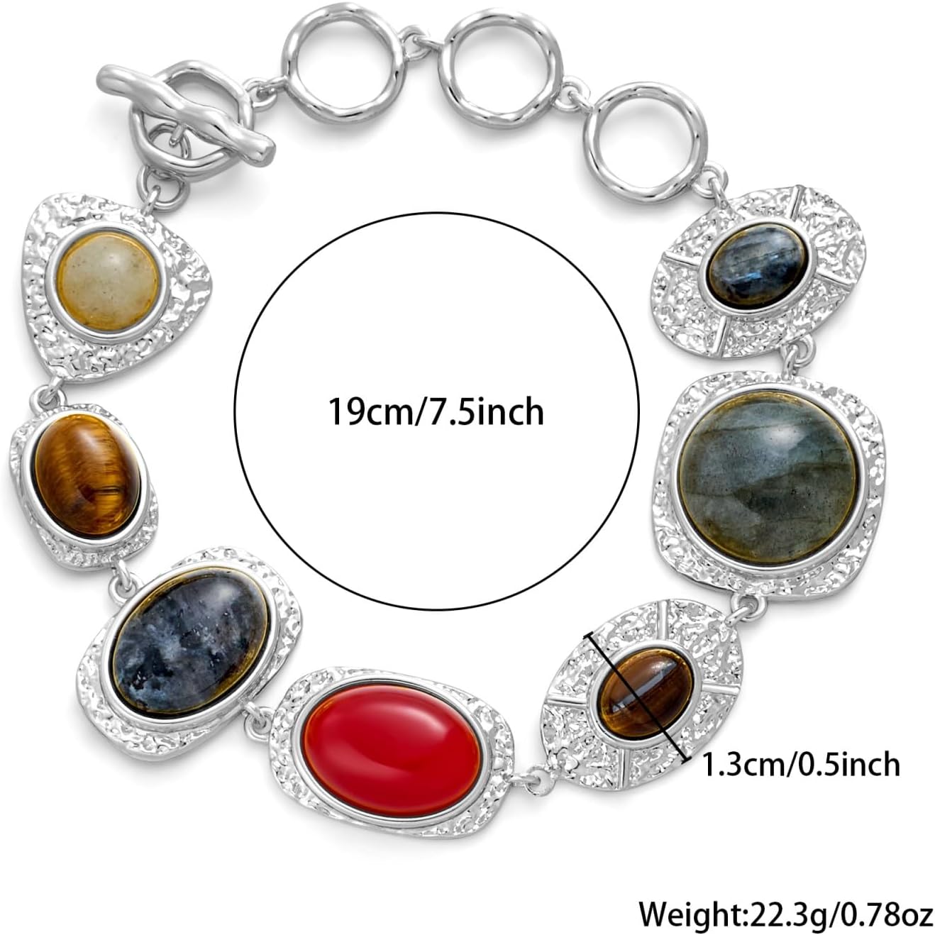 Vintage Gold Plated Bracelet for Women, Multi-Gemstone Hammered Texture Adjustable Clasp, Retro Dainty Jewelry Gift for Her - Image 3