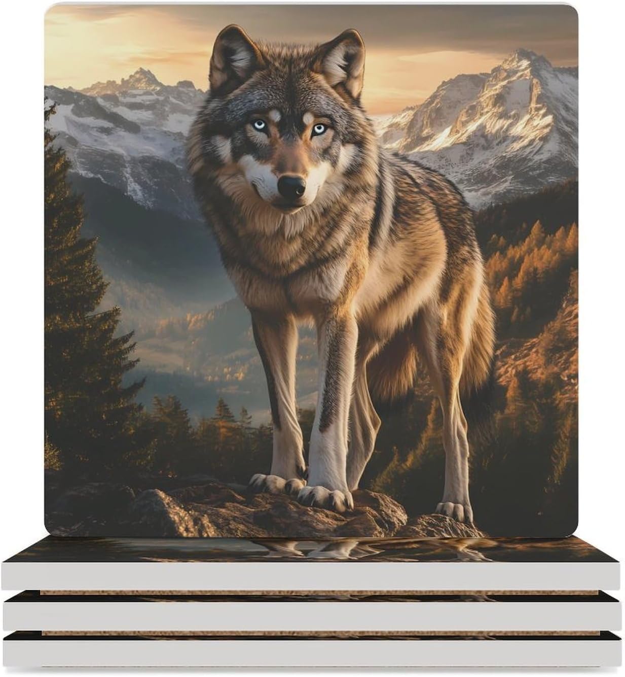 Wolf Wildlife Forests Ceramic Coasters Set Square Drink Coasters Table Coaster for Kitchen Desktop Decor