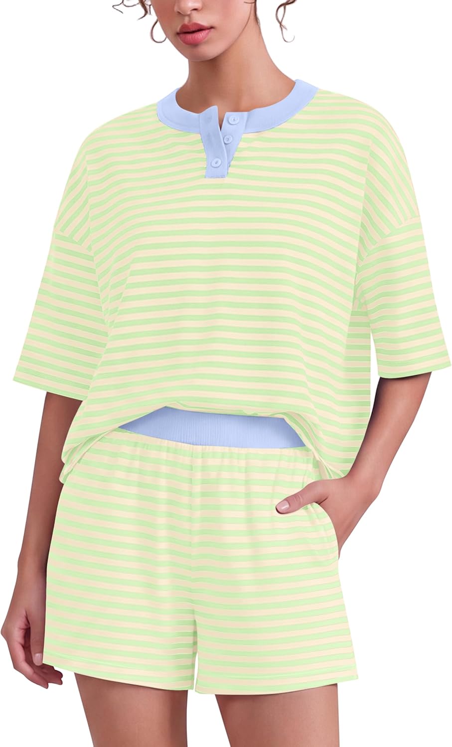 Meladyan Women's Stripes Henley T-Shirts 2 Piece Sets Cropped Boxy Tees Matching Shorts Set Striped Lounge Set Summer Outfits