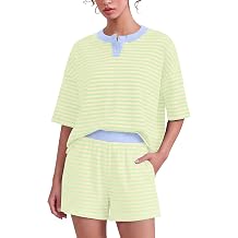 Meladyan Womens Stripes Henley T-Shirts 2 Piece Sets Cropped Boxy Tees Matching Shorts Set Striped Lounge Set Summer Outfits