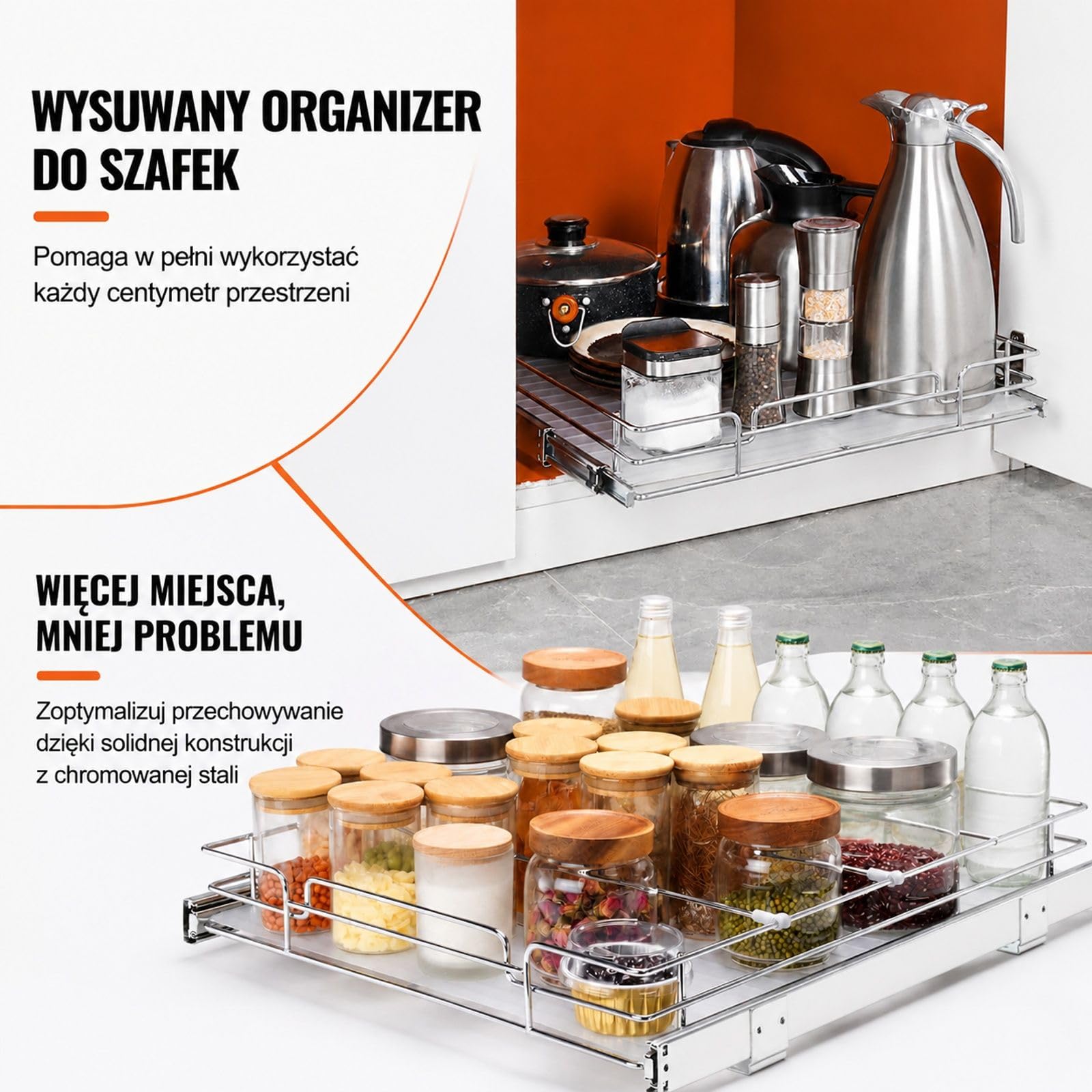 Wysuwany stojak na przyprawy do szafki kuchennej, srebrny organizer jednopoziomowy ze stali chromowanej