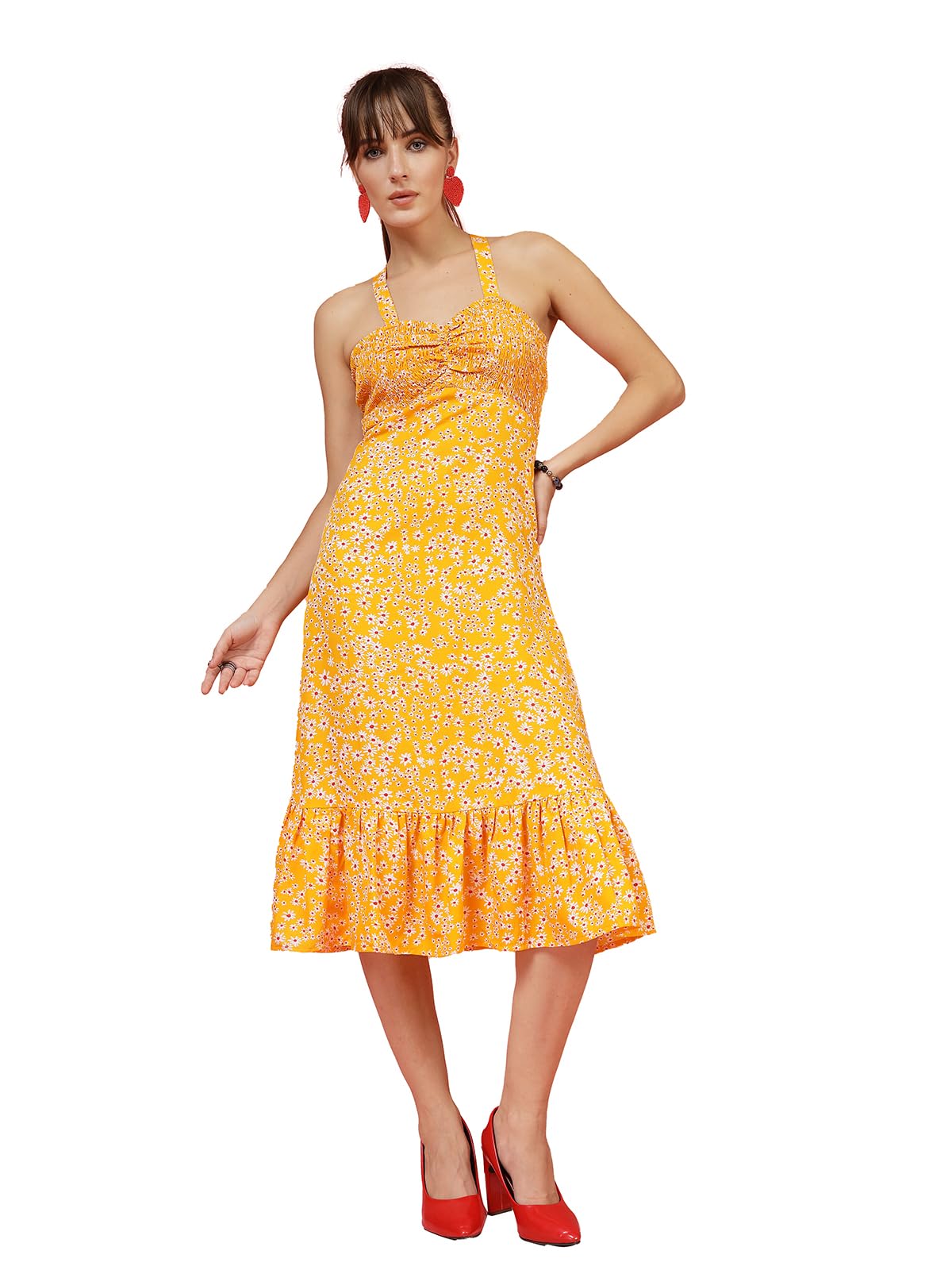 Oomph! Women's Western & Fusion Wear Printed Crepe Dress For Women, Smocked Bodice, Multicolor - Md1034
