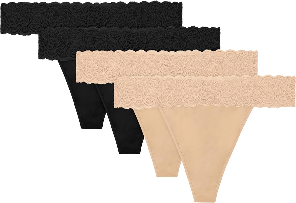 womens Underwear Thongs, 4-pack, Soft Thong Panties for Women, Mid-rise Panty, Microfiber Lace