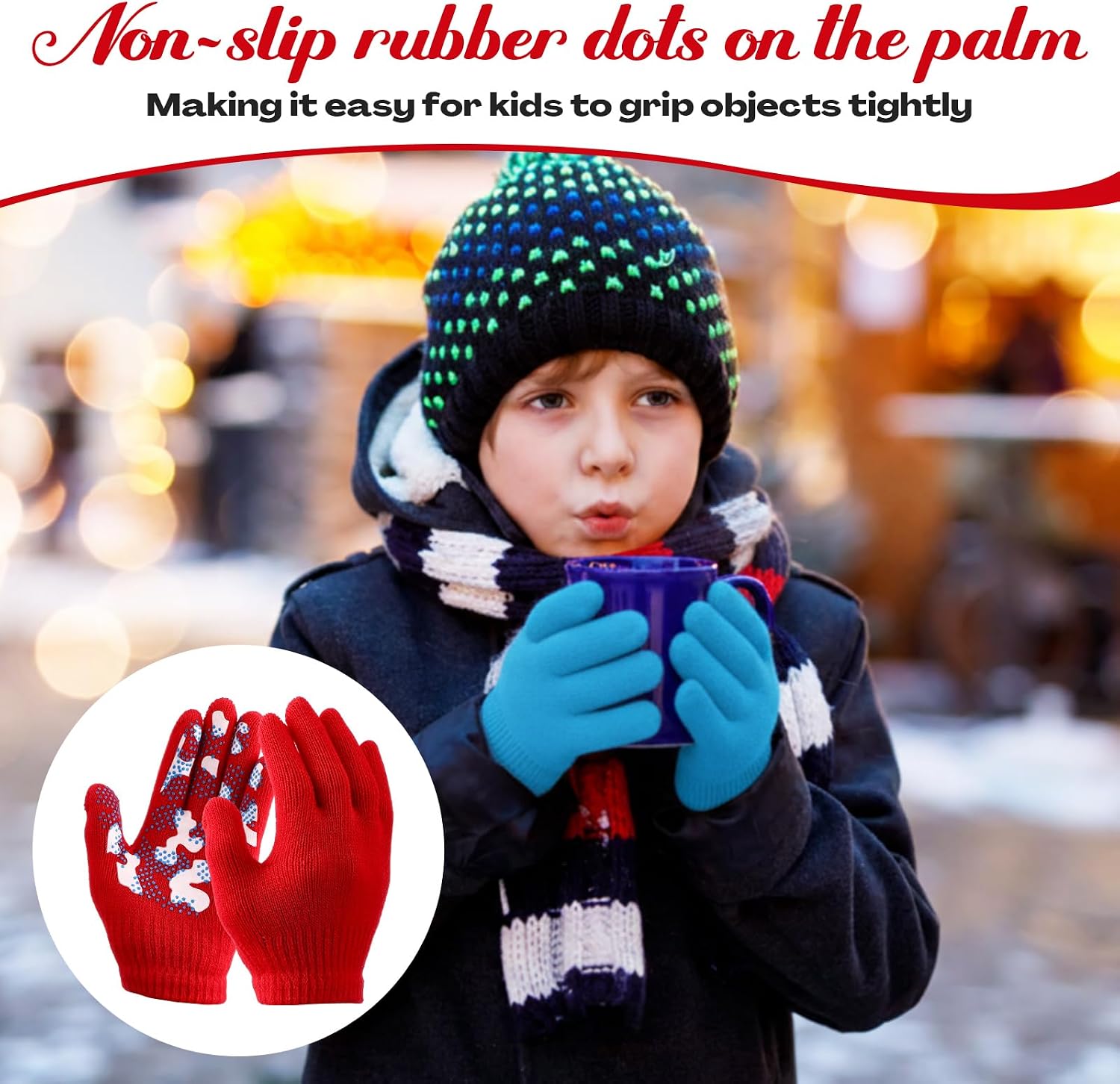 100 Pairs Kids Gloves Bulk Winter Full Finger Grip Stretch Gloves Magic Children Knitted for Cold Boy Girl Age 6-12