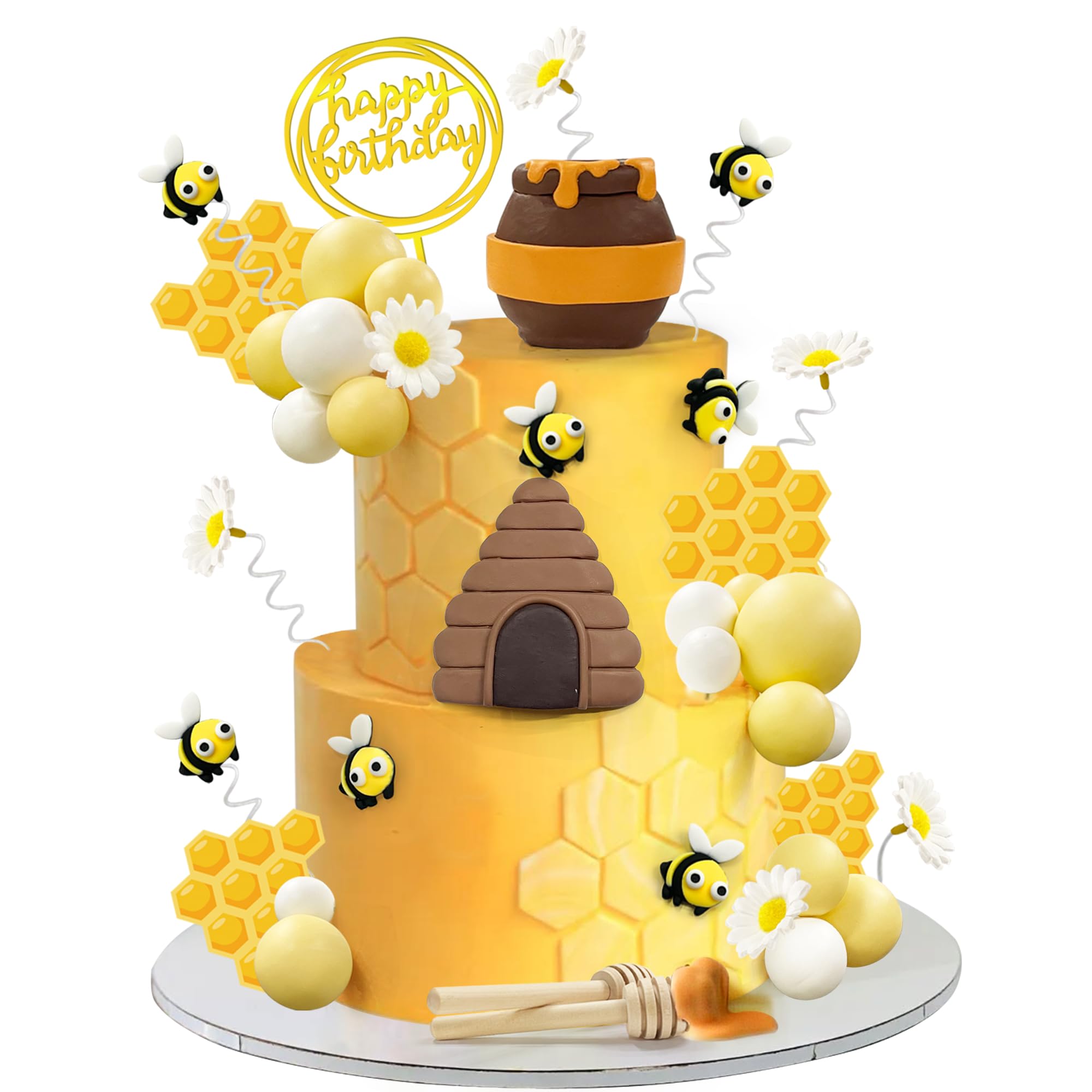 35 PCS Bee Cake Toppers Honey Jar Cake Topper Honeycomb Cake Decorations for Baby Shower Bee Theme Birthday Party Decoration Supplies