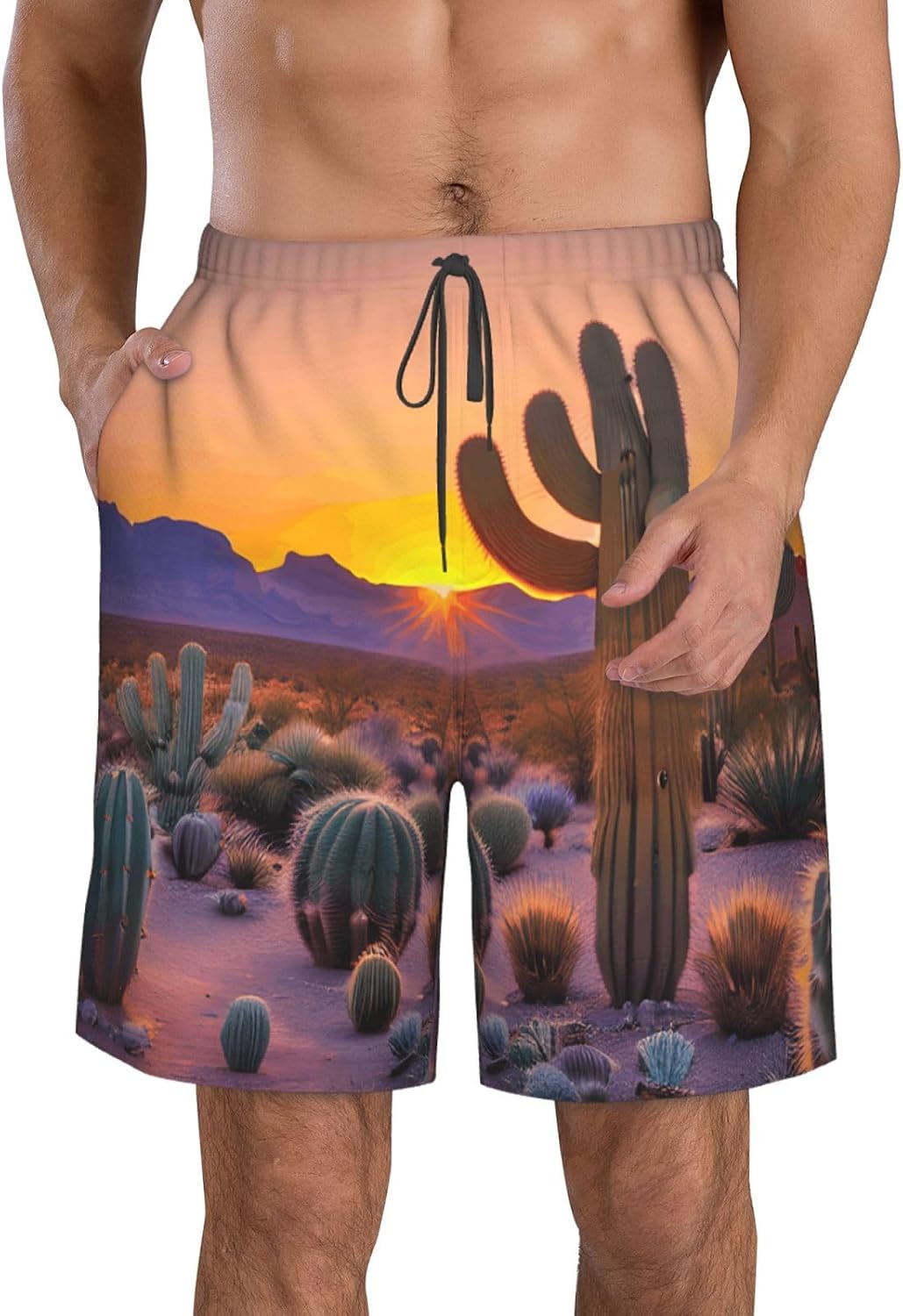 Cactus Desert Sunsets Print Mens Casual Shorts Drawstring Summer Beach Stretch Shorts Novelty Swimtrunks