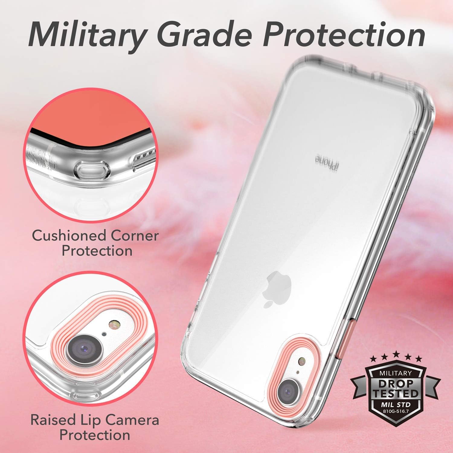 YOUMAKER Stylish Crystal Clear Case for iPhone XR, Anti-Scratch Shock Absorption Slim Fit Drop Protection Premium Bumper Cover Case for iPhone XR 6.1 inch - Rose Gold/Clear