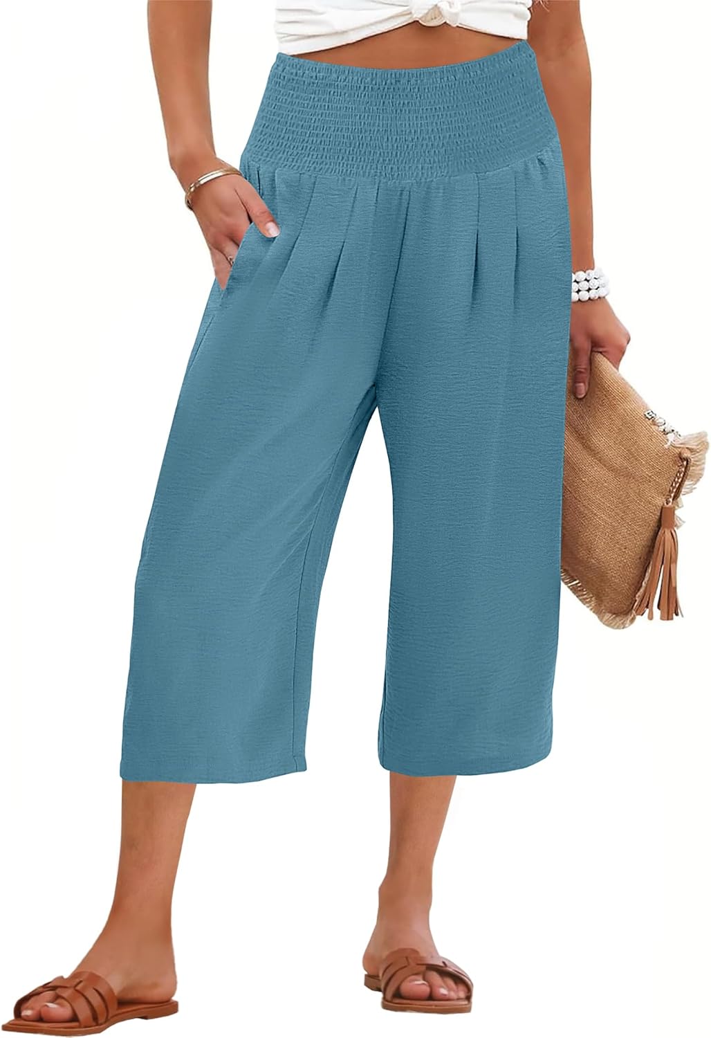ANRABESS Capris Pants for Women Summer Casual Loose Flowy High Waisted Smocked Palazzo 2026 Lounge Beach Cropped Trousers