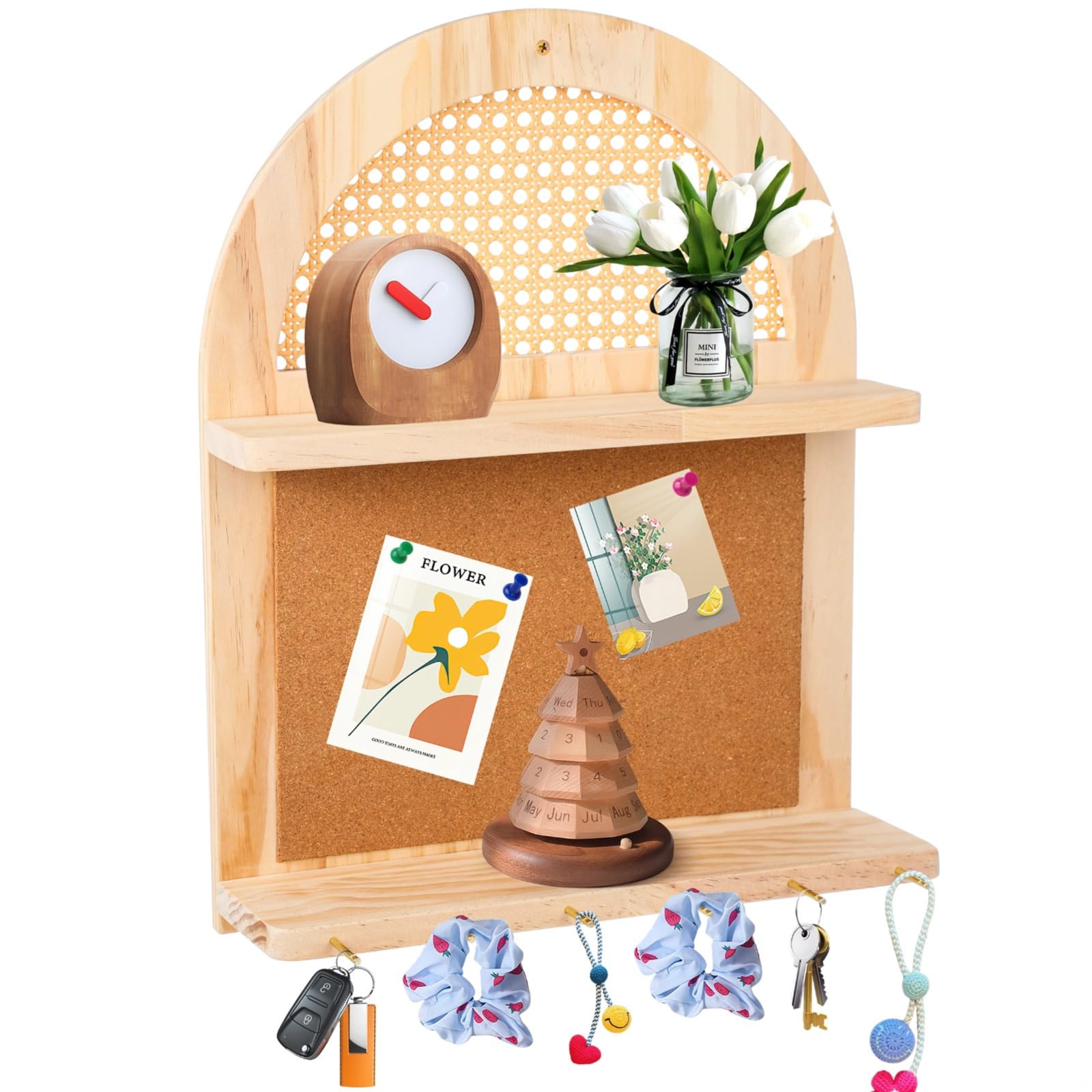 Wall-Mounted Rattan Shelf, 2-Tier Boho Floating Shelf with Pin Board and Hooks, Rustic Decorative Arch Shelf for Home Organization