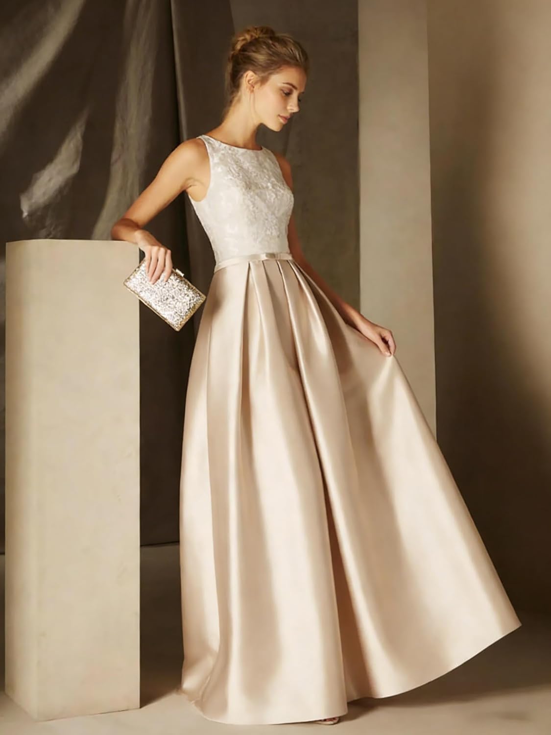 Sleeveless Satin Mother of The Bride Dresses Ruffle Lace Wedding Guest Dresses for Women Long Evening Gown with Pockets