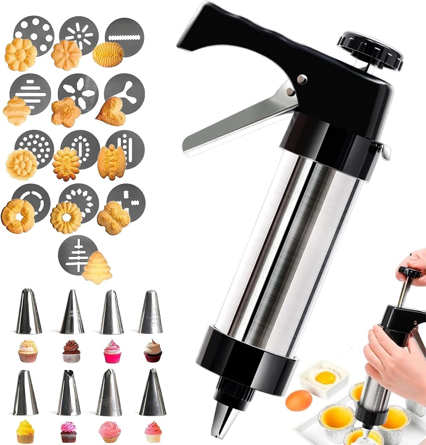 Stainless Steel Cookie Press Gun - Manual Spritz Maker Kit with 13 Discs & 9 Icing Tips, DIY Biscuit Extruder for Holiday Baking, Churros & Cake Decorating
