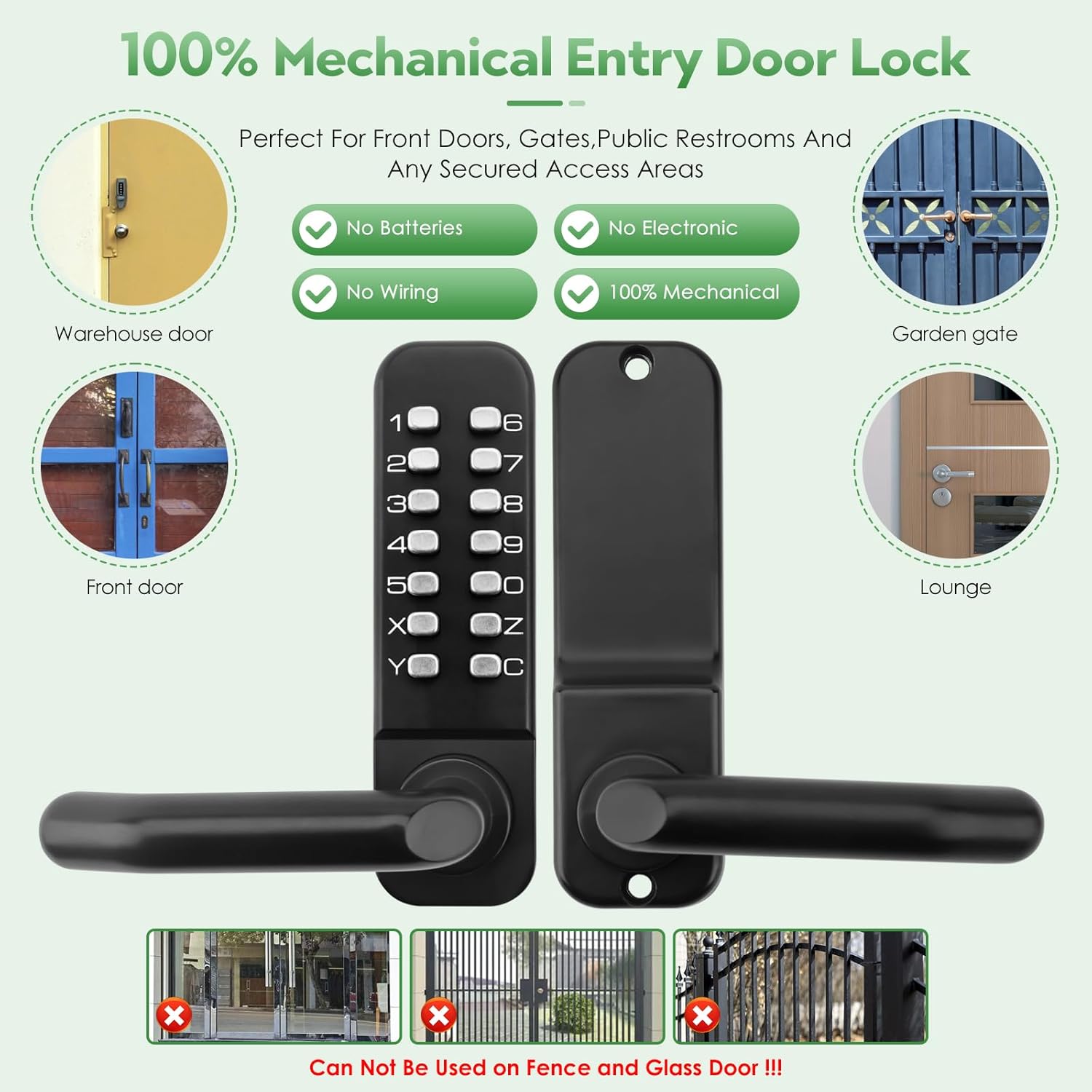 Single Sided Mechanical Keypad Entry Lever Lock,Keyless Push Button Code Combination Door Handle Lock,for Front Gate,Warehouses,Interior Hold-Opening,Auto Locking,No Battery(Matte Black)
