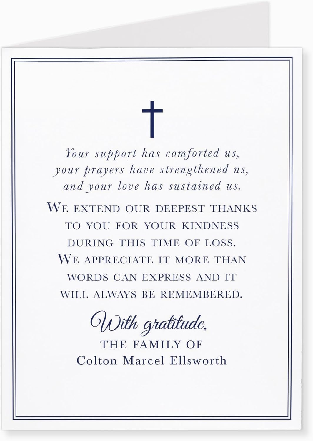 Navy Blue Funeral Thank You Cards with Cross, Personalized 4.25x5.5 Sympathy Acknowledgement Cards with Envelopes (Folded Card)