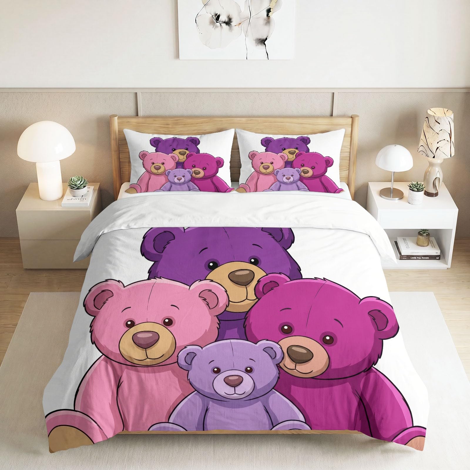 Generisch Bettwäsche Set 3-teilig 200 x 200 cm, Verträumt Aquarell Kinderbettwäsche Mikrofaser mit Reißverschluss - Bettbezug Handgezeichnet Teddybär für Jungen Mädchen Weiß Bettwaren