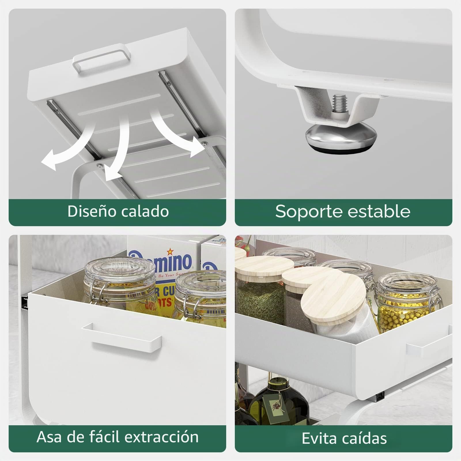Todeco Cajones Fregadero 2 Niveles Blanco Acero Carbono | Organizador armario pila extracción suave, rejilla ventilada humedad, estructura acero al carbono, ahorro espacio vertical
