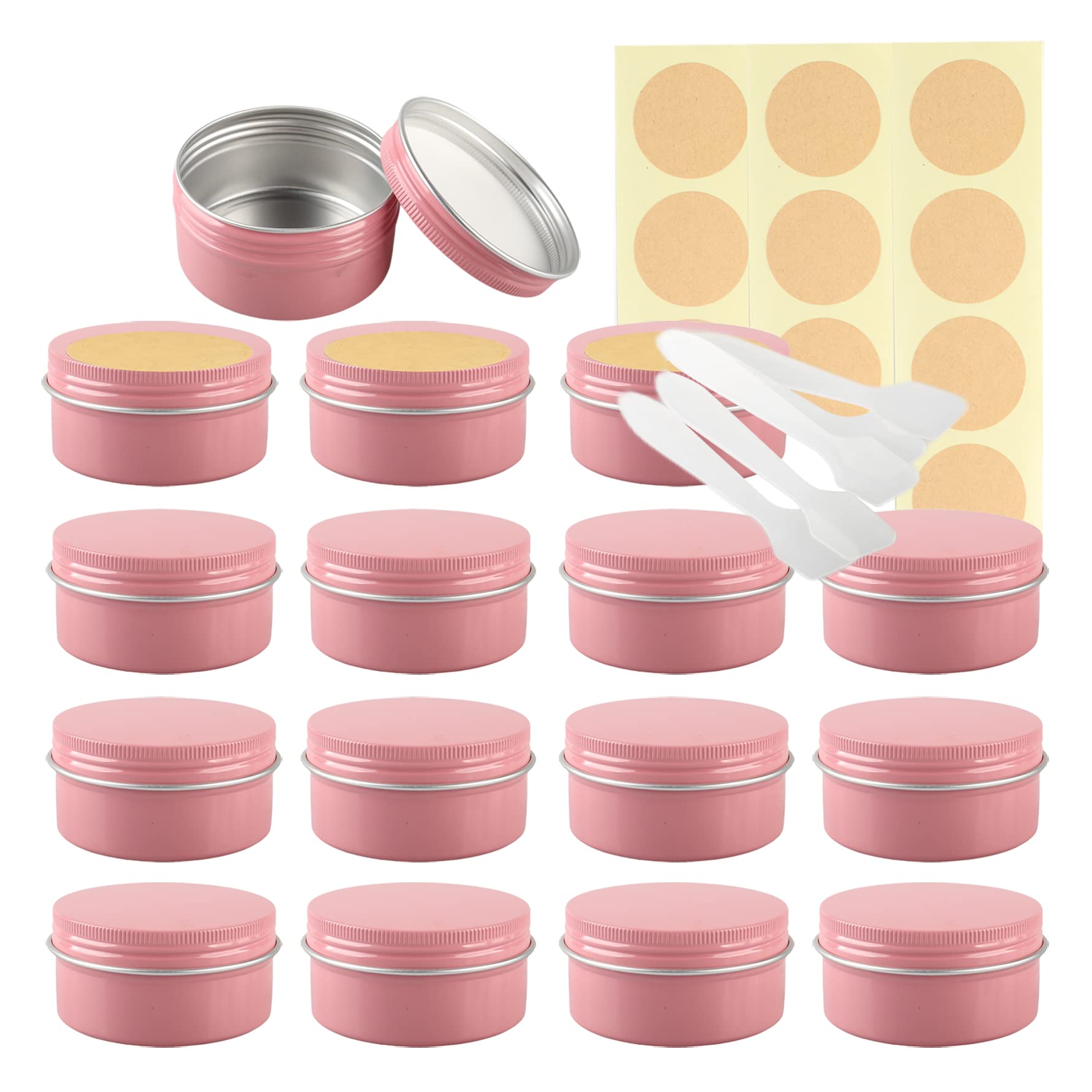 LusDoly Pack of 50 Empty 80ml Pink Aluminium Tins with Lids - Ø68x36mm Round Aluminum Screw Pots Travel Round Cosmetic Cream Container Jars for Candle Lip Balm, Salve with Spatulas & Labels