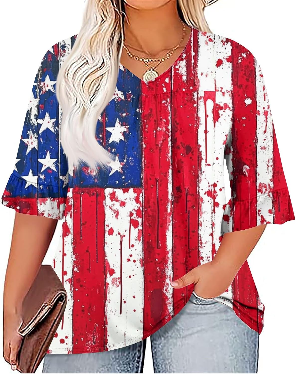 Women's Plus Size American Flag Shirt, 4Th of July T-Shirts, 3/4 Sleeve V-Neck Patriotic Tops, XL-5XL