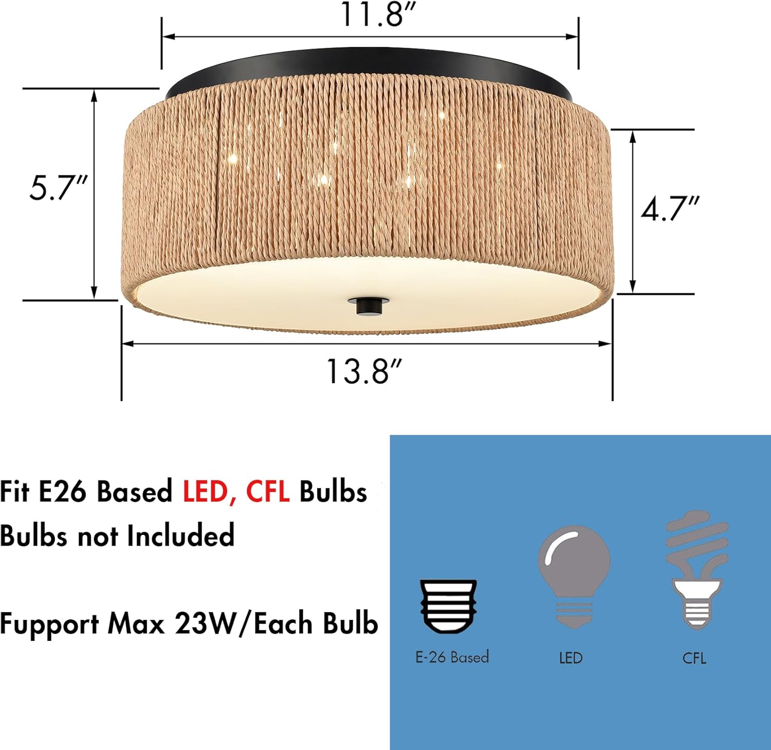 YUBOLE Woven Ceiling Light 3-Light Bohemian Flush Mount Ceiling Light with Paper Hemp Rope Drum Shade for Bedroom Hallway Bathroom Dining Room-Black & Brown