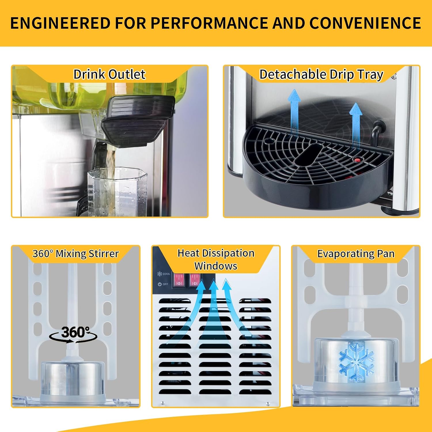 Commercial Beverage Dispenser, 36L (9.5 Gal) Refrigerated Juice Drink Machine, Stainless Steel Cold Iced Tea Cooler for Restaurant, Bar, Buffet