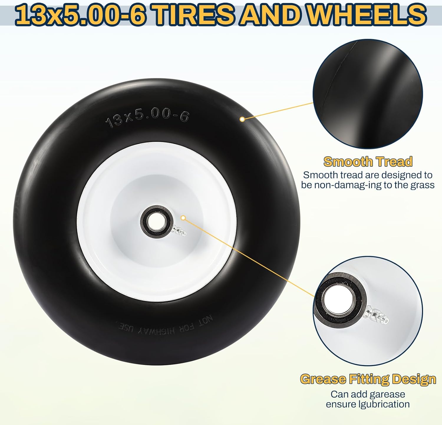 13x5.00-6 Flat Free Lawn Mower Tire, 13x5-6 Zero Turn Mower Front Tires, 13x5x6 Solid Lawn Mower Tires for Residential and Commercial, with 1/2" 3/4" 5/8" Bearings, 3.25"-6.85" Centered Hub, 2 Pack