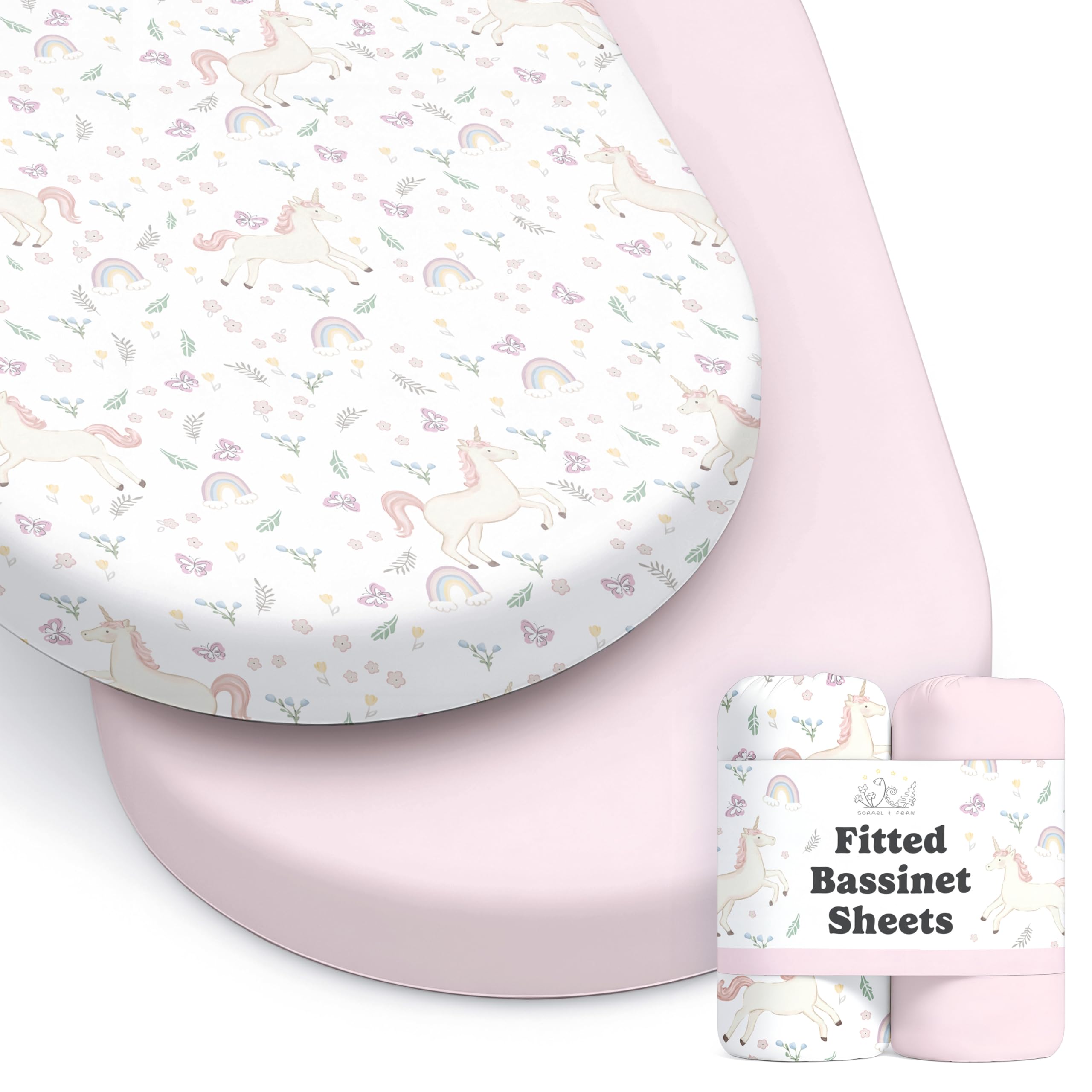 Baby Bassinet Sheets for Boy, Girl (Unicorn) 2-Pack - Fitted Bedside Bassinet Sheets - Buttery Soft Cotton Blend for Standard Mattress Pad - Compatible with Halo BassiNest — image 1